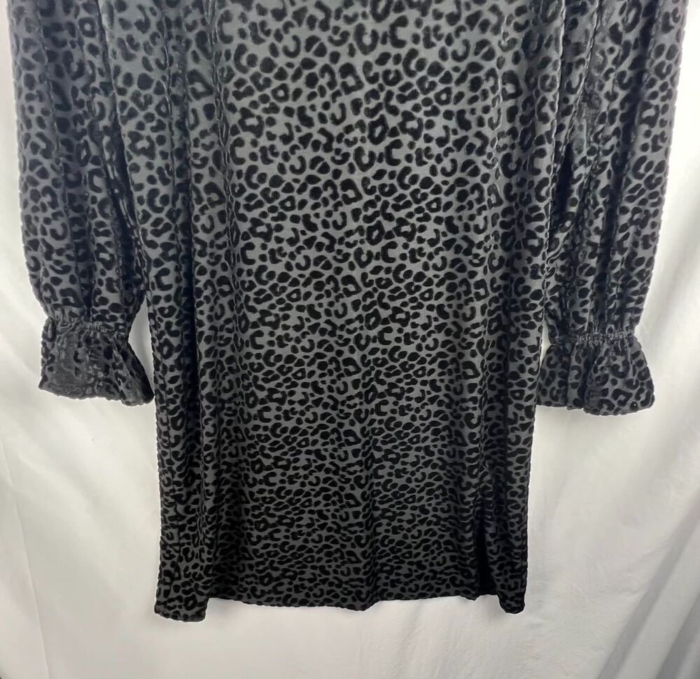 NINE WEST Size 8 Black Leopard Velvet Burnout Dress Long Sleeve Ruffle Shift - Picture 3 of 12
